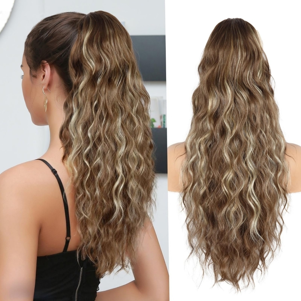 26” Wavy Drawstring Ponytail • Deep Almond Brown / Wheat‎ Blonde